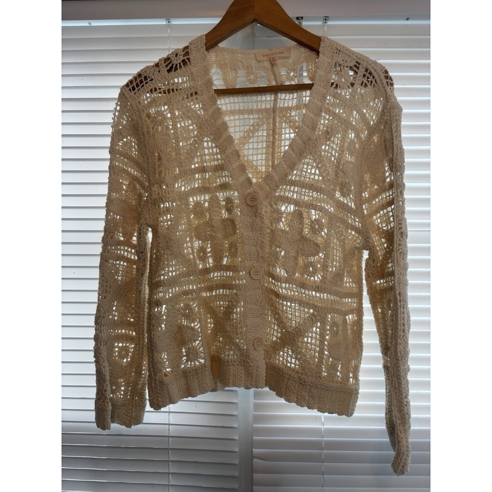 Solitaire Button Front Cardigan Women Size M Embroidery Crochet Fairy Boho